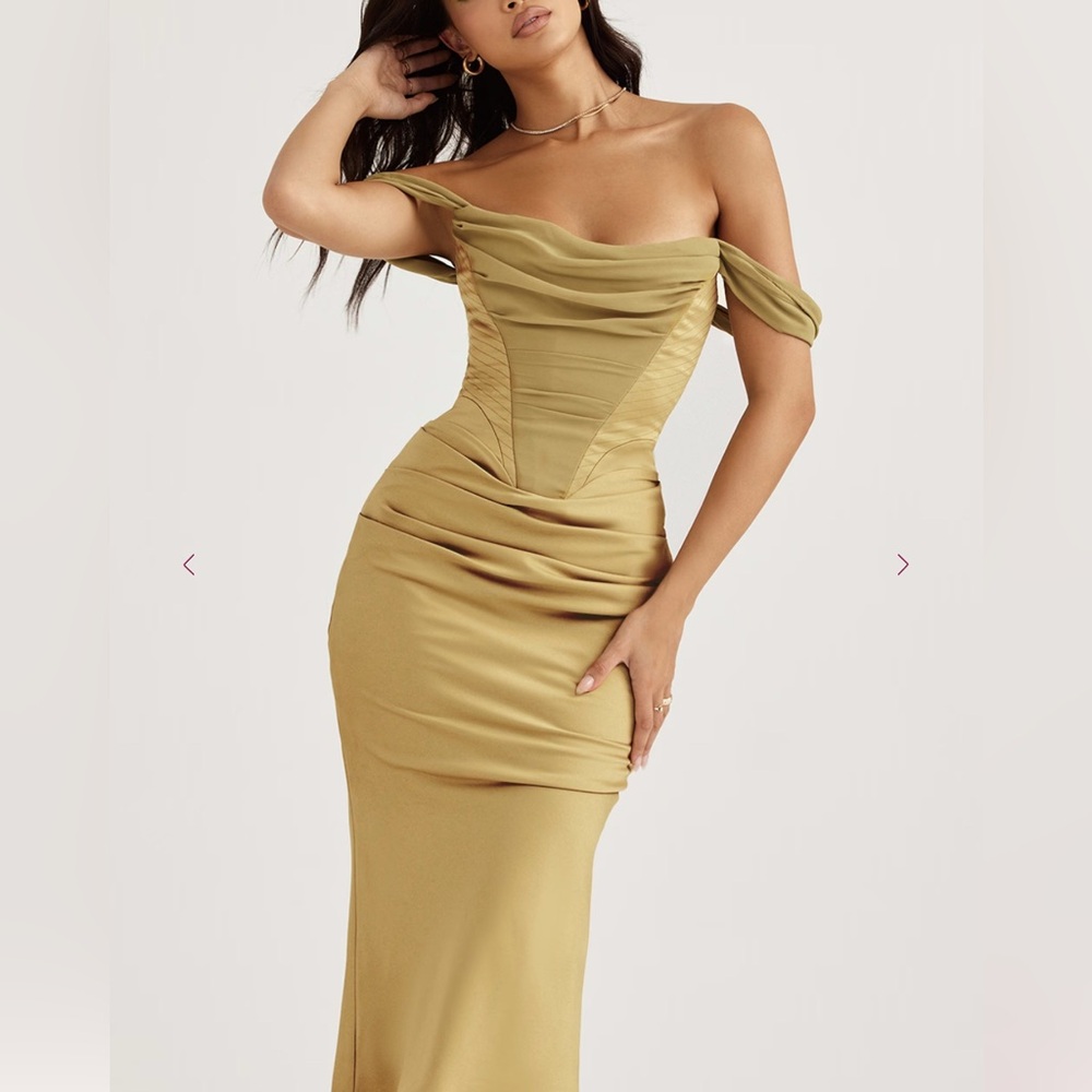 House of CB Natalya Olive Satin Corset Midi Dress